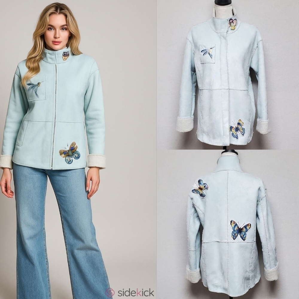 Upcycled OOAK Vintage 1970s Sky Blue Faux Suede Flying Butterfly Sherpa Jacket